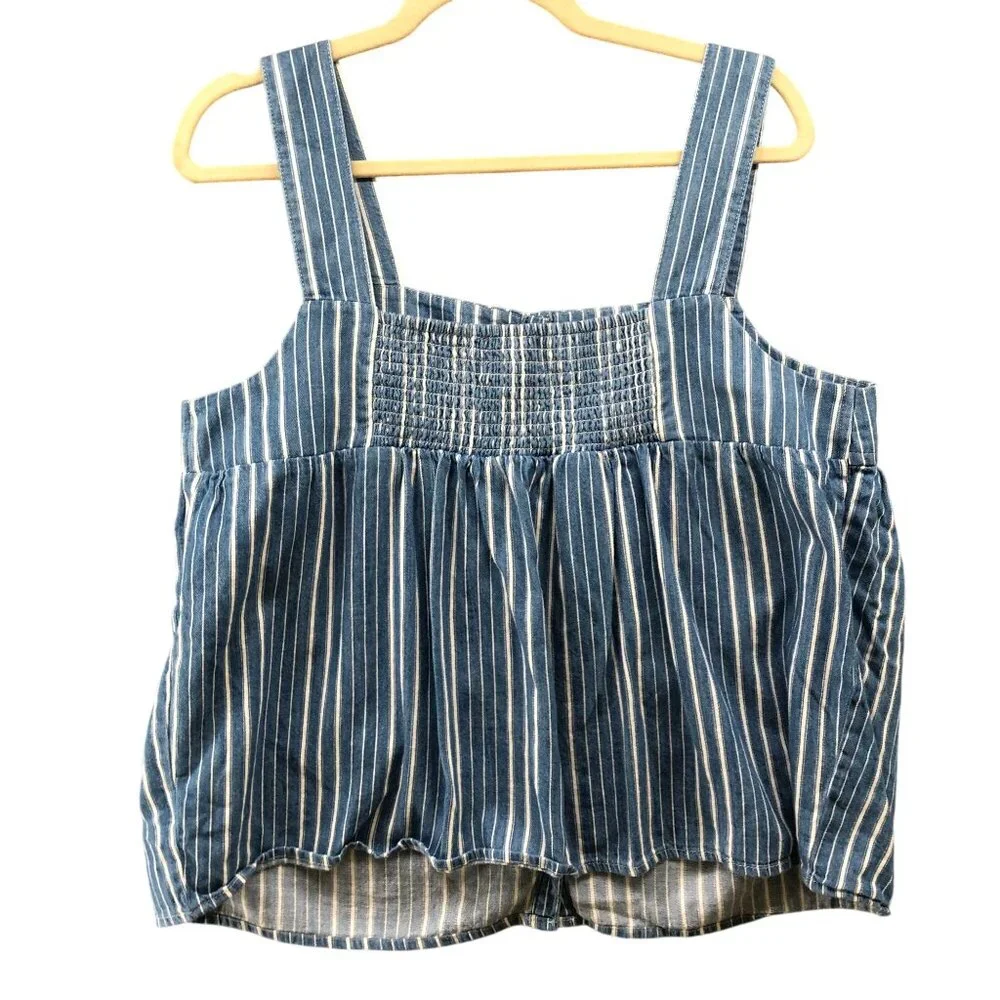 Old Navy Smocked Cami Top Womens L Chambray Striped Blue Square Neck Button - Picture 2 of 8
